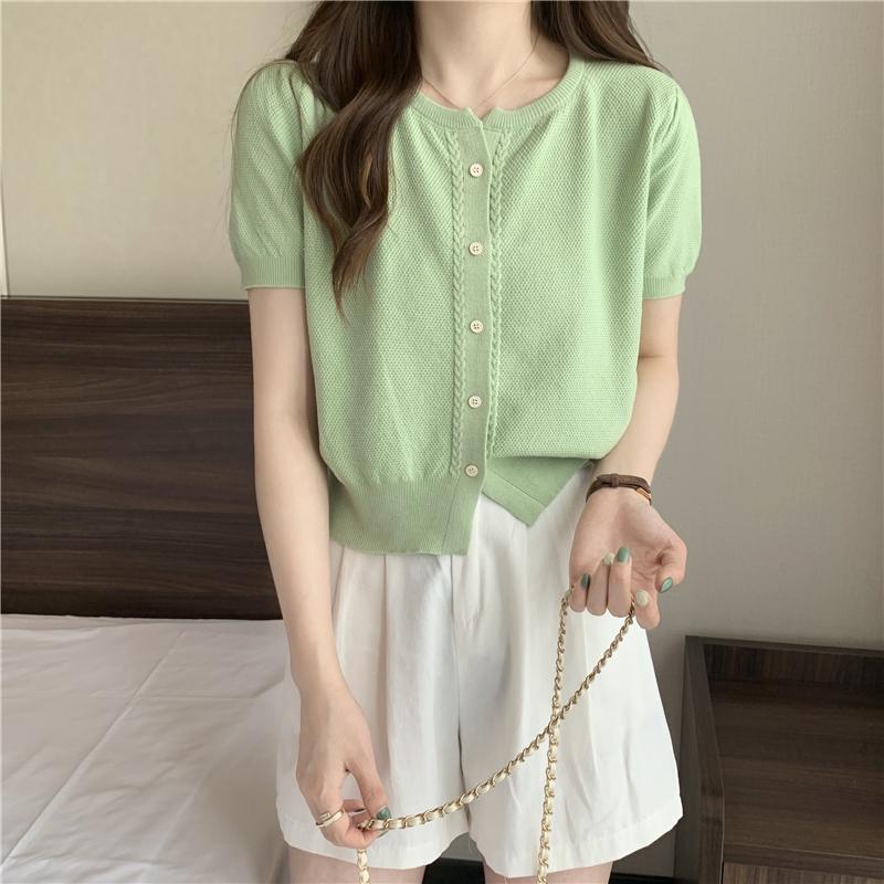 Product Introduction of Áo Thun ngắn Tay Phong Cách Mới Mùa Hè, Cổ Chữ O, Dễ Phối Đồ Dành Cho Nữ, Ngắn Ngắn Tay, Một Hàng Cúc, Áo Cardigan Dệt Kim, Đơn Giản 7