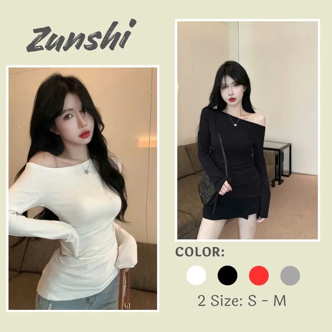 Áo thun lệch vai dài tay ZUNSHI thiết kế nhún eo ôm body sexy chất thun gân dày dặn - ZU01