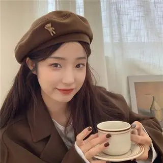 Mũ nồi mũ Beret dạ họa tiết gấu phong cách Nhật Bản, mũ mùa đông cho nữ Hoa Ca Cua Cap Hat