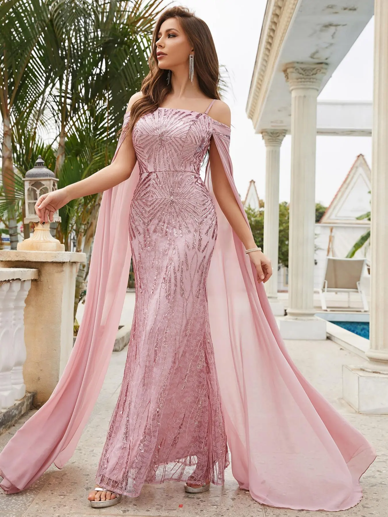 Women's Sparkly Sequins Cold Shoulder Contrast Mesh Evening Mermaid Dress, Summer Mean Girls Glitter Cloak Sleeve Maxi Bodycon Formal Dress for Birthday