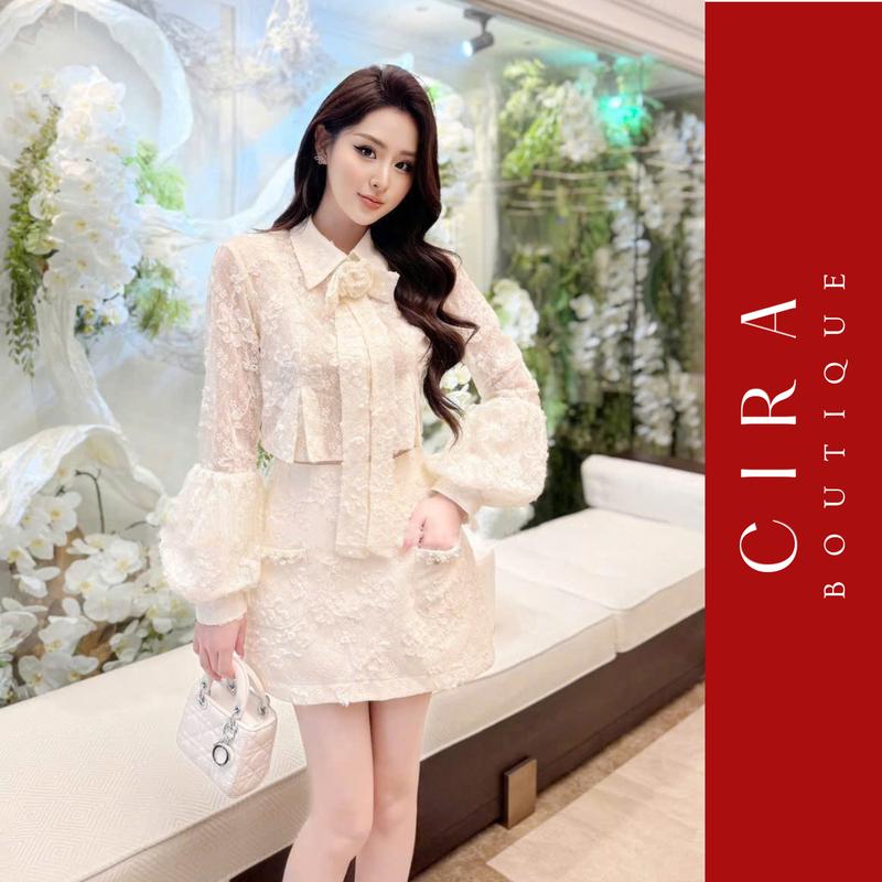 Sét Áo Tiểu Thư Tay Phồng Ren Hoa Phối Chân Váy Chữ A- Set Đồ Nữ Sang Chảnh Màu Kem - Màu Be Kem - Đủ Size S/M/L Cira Boutique D1105