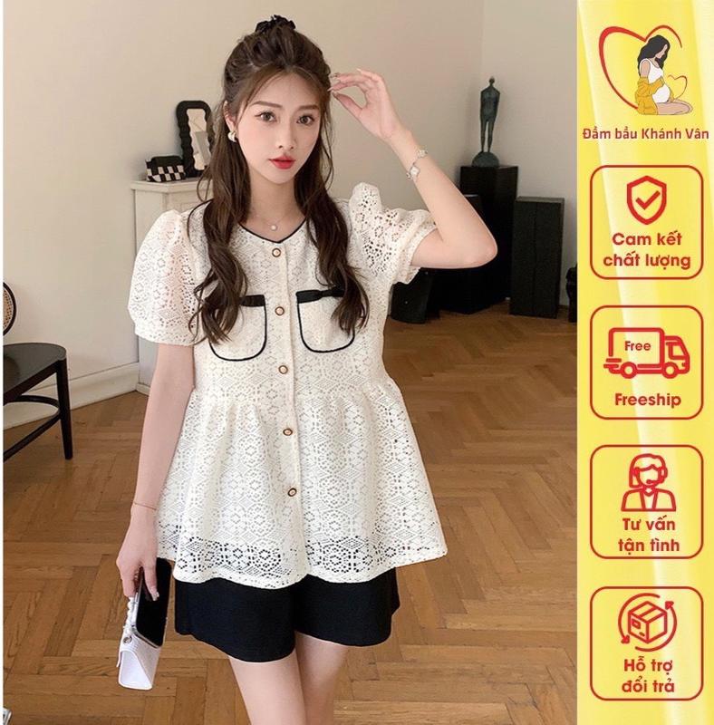 Áo bầu ren 2 lớp mềm đẹp sang chảnh V28- Áo bầu công sở mùa hè dáng babydoll tiểu thư mặc đi làm Váy Bầu Len Đầm Bầu Sandal Voi trên gối màu cam nhạt áo xanh lá đính kết áo  bầu