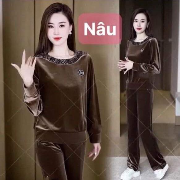 Đồ bộ nhung cổ tròn phối beo tay dài quần dài cho nữ - Women dobo tay 3