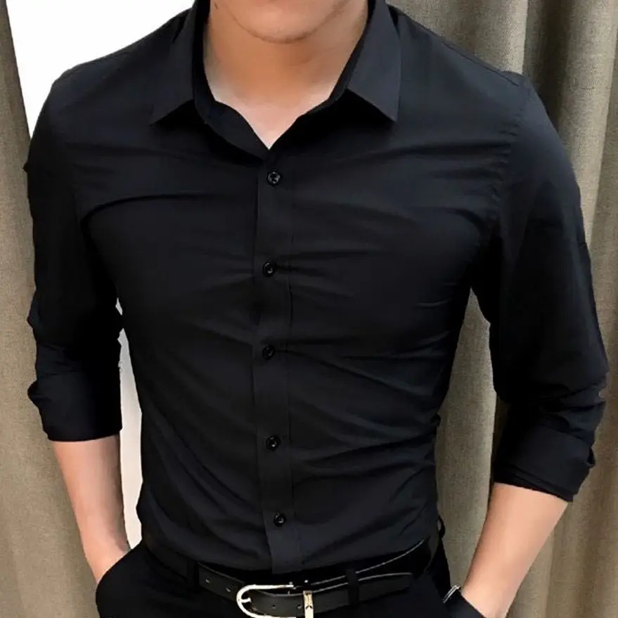 Áo Sơ Mi Nam Thời Trang Andromeda Vải Lụa Thái Không Nhăn Dài Tay Form Ôm Màu Đen Menswear Shirt Cổ Tròn