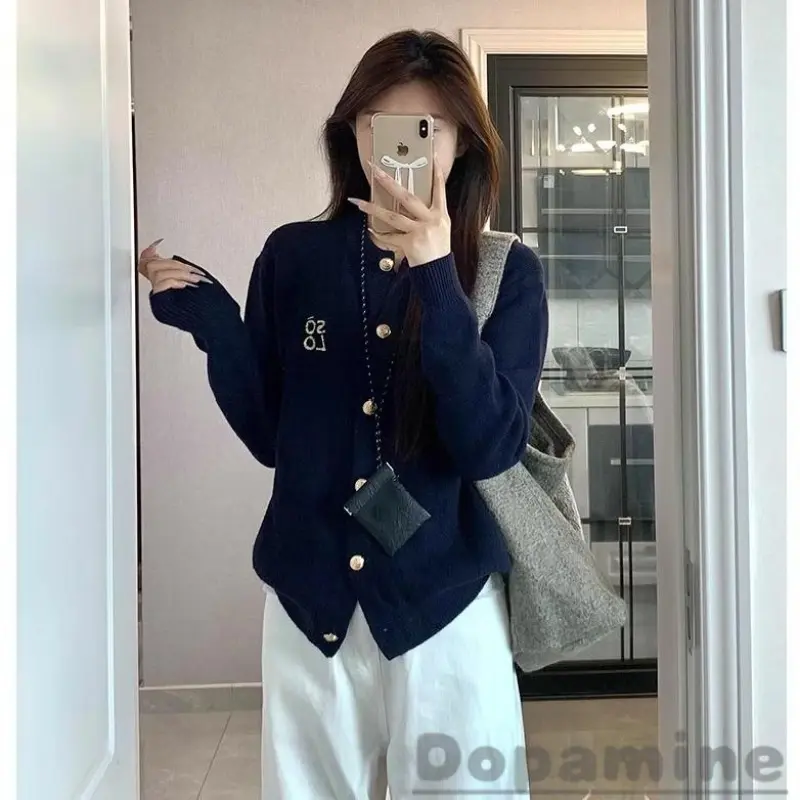 Áo Len, Phong Cách Hàn Quốc, Màu Xanh Navy, Dành Cho Nữ, Thiết Kế Mùa Thu, Nút Kim Loại, Phong Cách Preppy Trông Tựa Dạo, Áo Len 1