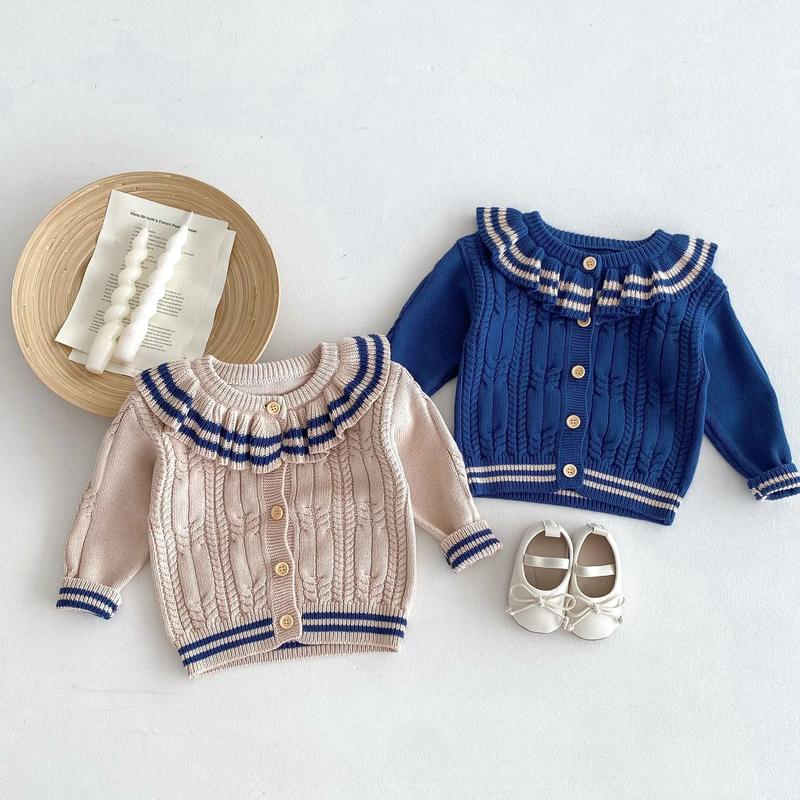 Product Introduction of Ins 2024 Autumn Baby Girls Knit Cardigan Sweater Lotus Collar Ruffle Line Collar Children Winter Solid Thicken Warm Knitwear Top 11