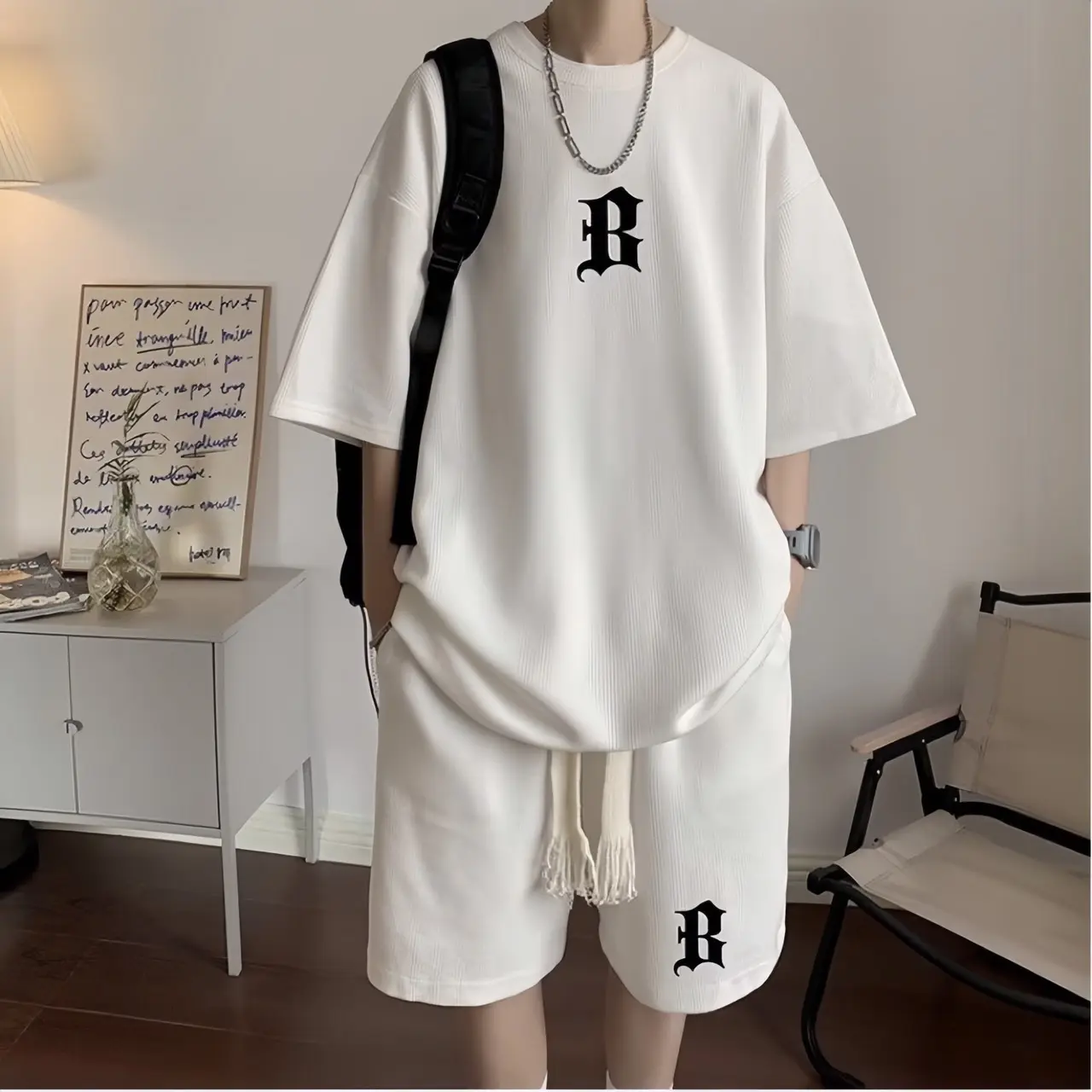 Bộ quần áo nam nữ cổ tròn ép nhiệt chữ B mặc mùa hè