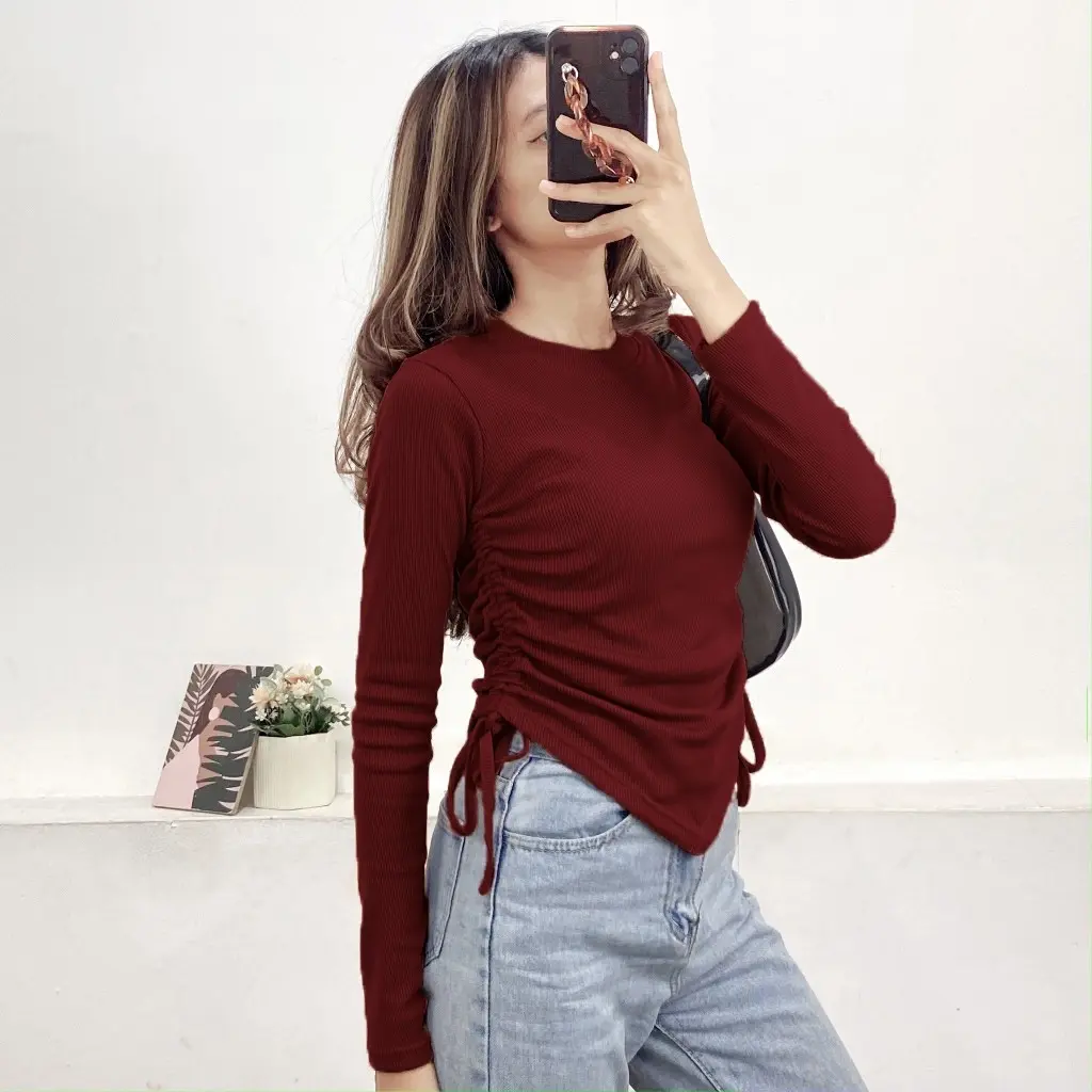 Knit Top Blouse serut samping Crop tali Korea style