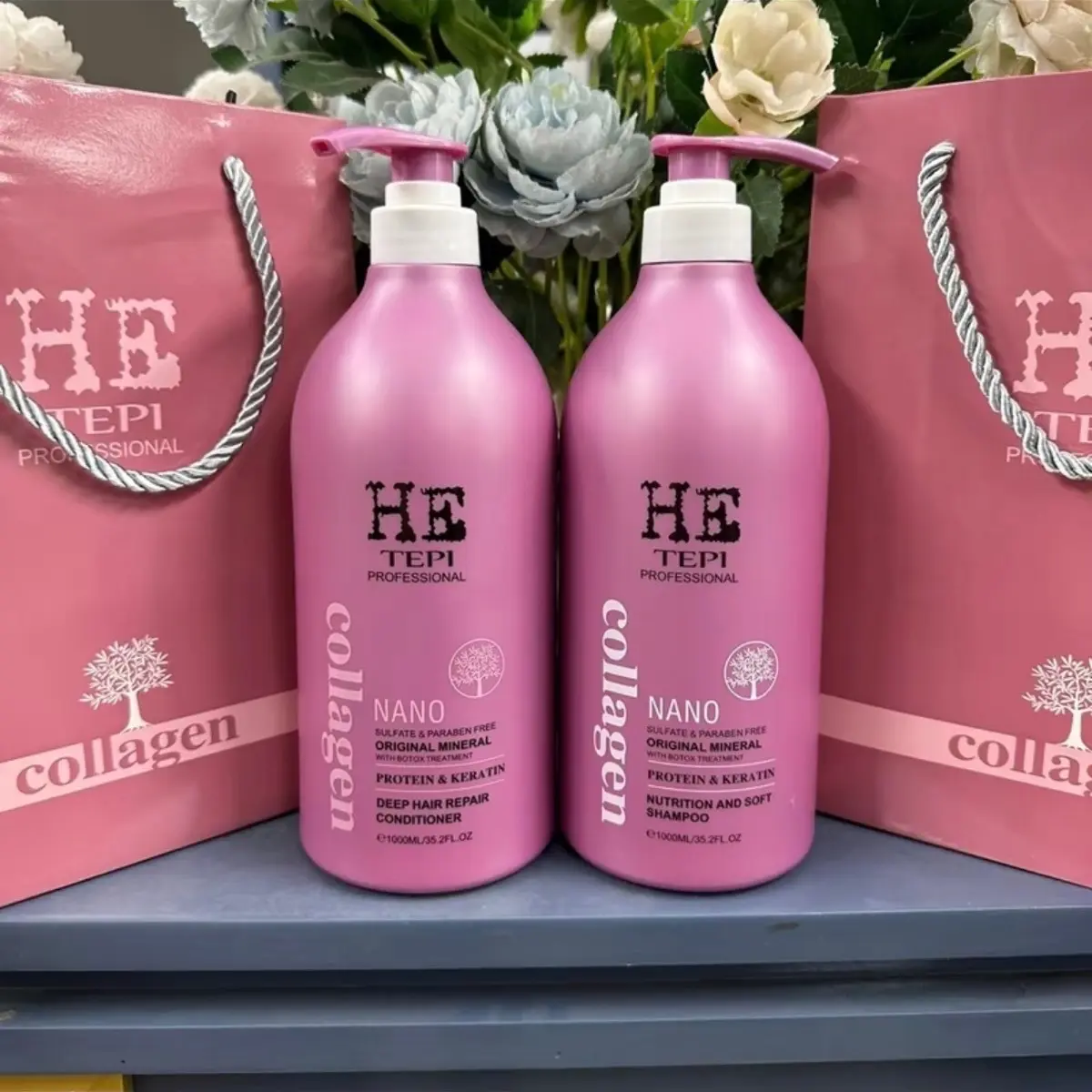 Cặp dầu gội xả collagen HE Tepi hồng 1000ml mượt tóc hương nước hoa thơm lâu kiềm dầu giảm rụng tóc (hàng chính hãng)