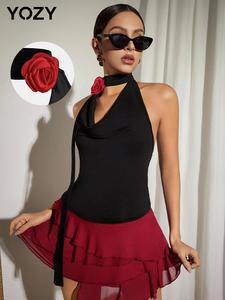 YOZY Women's Plain Floral Decor Halter Neck Tank Top, Elegant Sleeveless Top for Spring & Fall, Ladies Clothes for Daily Wear