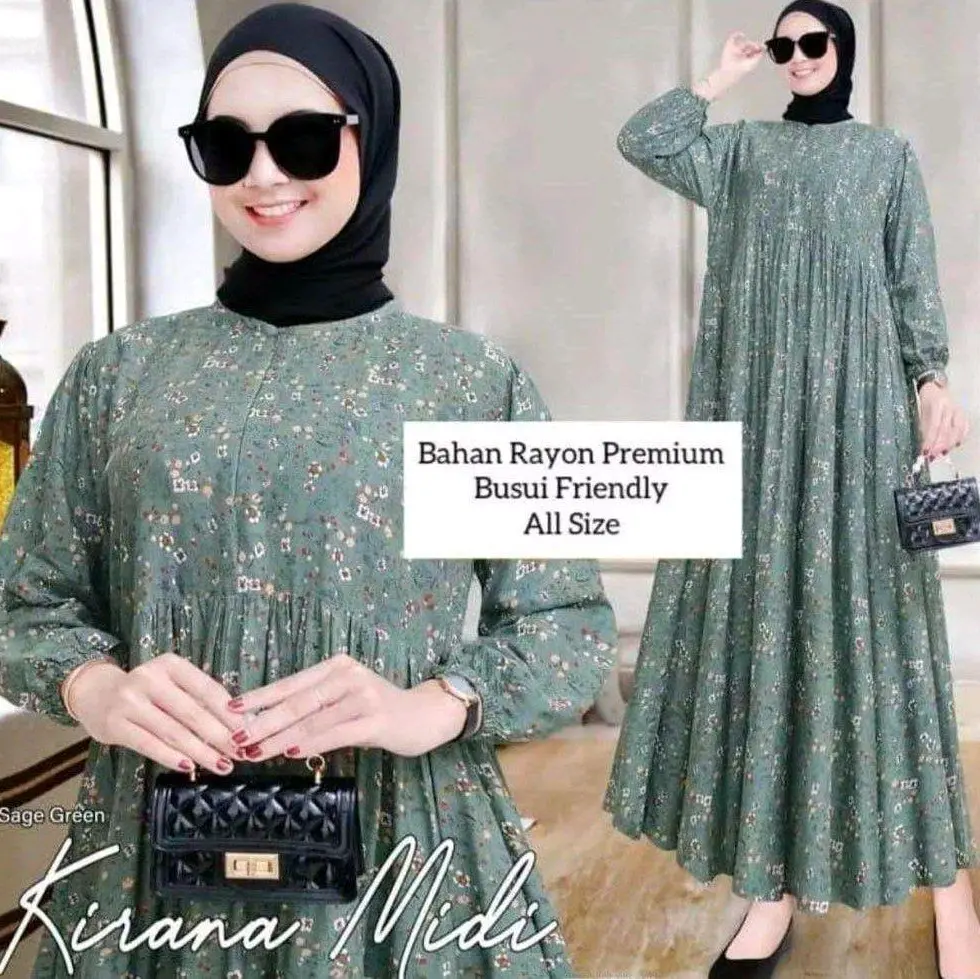 MIDI DRESS RAYON PREMIUM // DRESS WANITA lengan Panjang Karet Gamis Muslim, Wudhu friendly Ibu Menyusui Nyaman dan Lembut