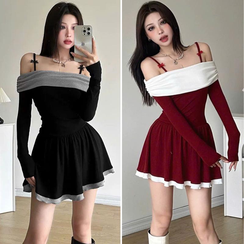 Đầm nữ xinh nhẹ nhàng thiết kế xòe dáng ngắn ôm eo trễ vai dài tay đính nơ 2 bên V051 chất thun 2 màu đen đỏ mặc đi ăn cưới, đi tiệc, Noel cực xinh Women Dress