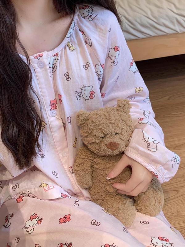 Bộ Đồ Ngủ Hello Kitty, Dành Cho Nữ, Thiết Kế Hoạt Hình Dễ Thương, PannoFluxus, Thích Hợp Cho Mùa Xuân Và Mùa Thu, Hàng Mới Về, Lý Tưởng Cho Sinh Viên Ký Túc Xá, Áo Dài Tay Và Quần Dài, Áo Mặc Bên Ngoài, Bộ Quần Áo Mặc Nhà 4
