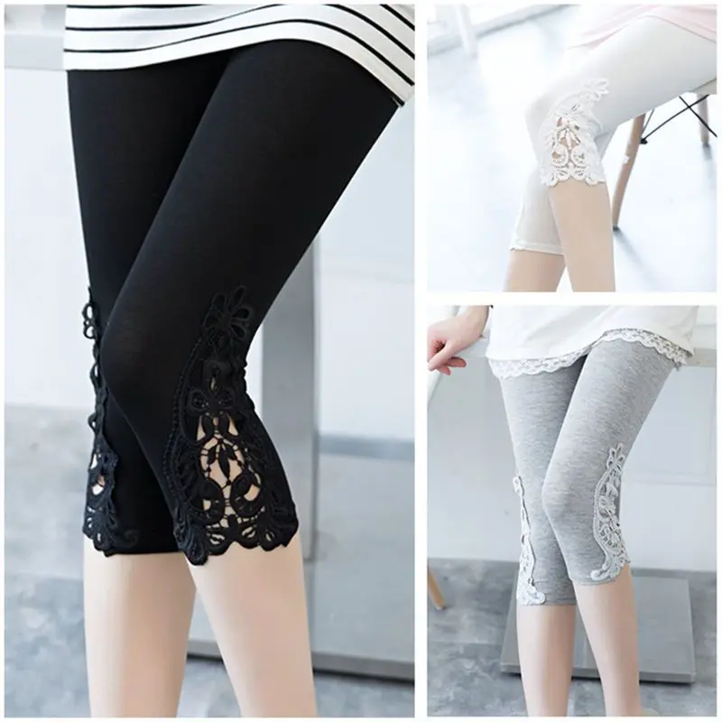 Quần Legging Ren, Phong Cách Hàn Quốc, Dành Cho Nữ, Có Thể Mặc Mùa Hè Ngoài Trời, Quần Bảy Phần Tư, Co Giãn Mỏng Vừa Vặn, Ngoại Cỡ Tôn Dáng, Thoáng Khí, Quần Viền Ren Mỏng