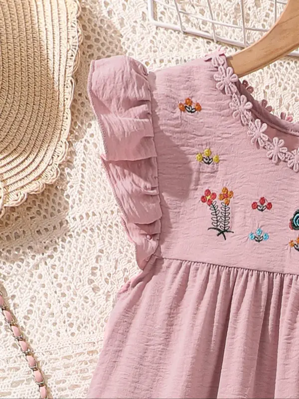 Girl's Floral Embroidery Ruffle Trim Dress, Cute Casual Short Sleeve A Line Dress for Summer, Kids Clothes for Daily Wear 3