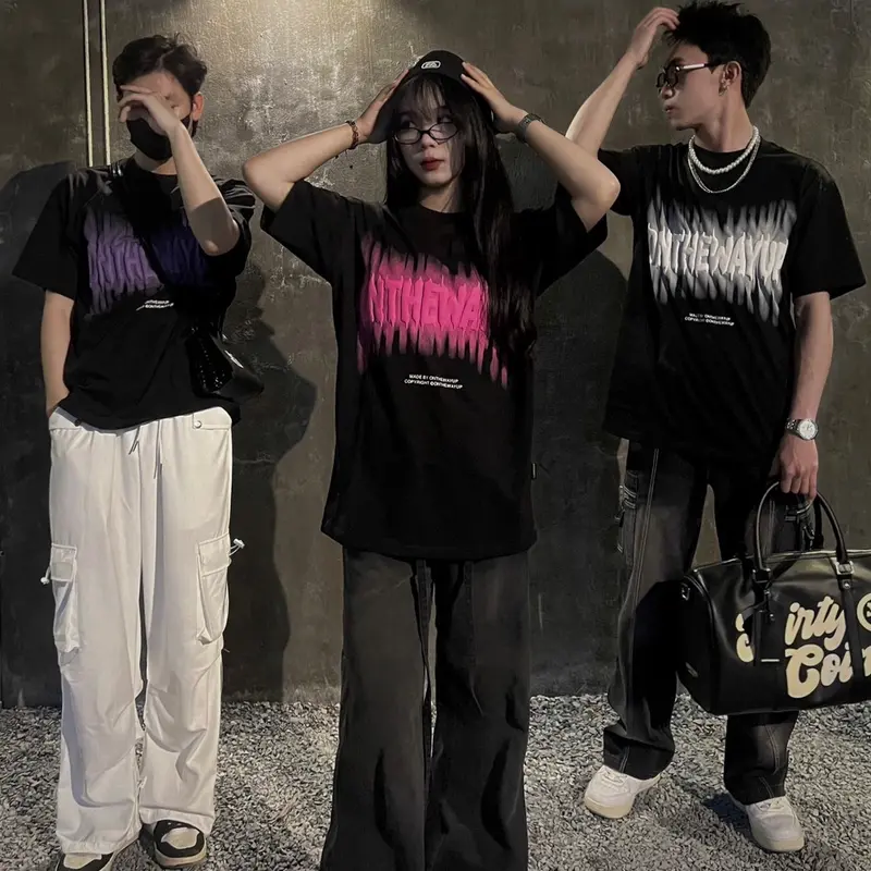 Áo thun cổ tròn form rộng BLUR ONTHEWAYUP cotton 100% in 3D Unisex Menswear đen l 5