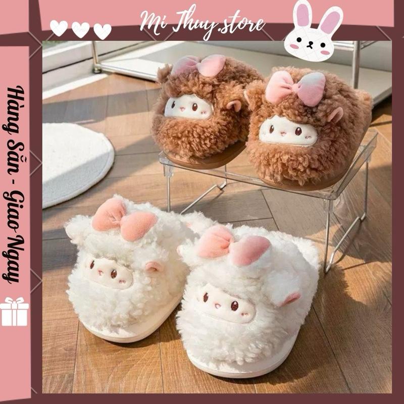 Dép bông xù dép nữ mùa đông dép dễ thương dép sục lông CỪU ĐEO NƠ