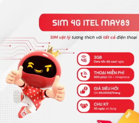 Sim Itel 4G MAY89, Ưu Đãi 90GB/Tháng (3GB/Ngày), Sóng Vinaphone Bao Khỏe