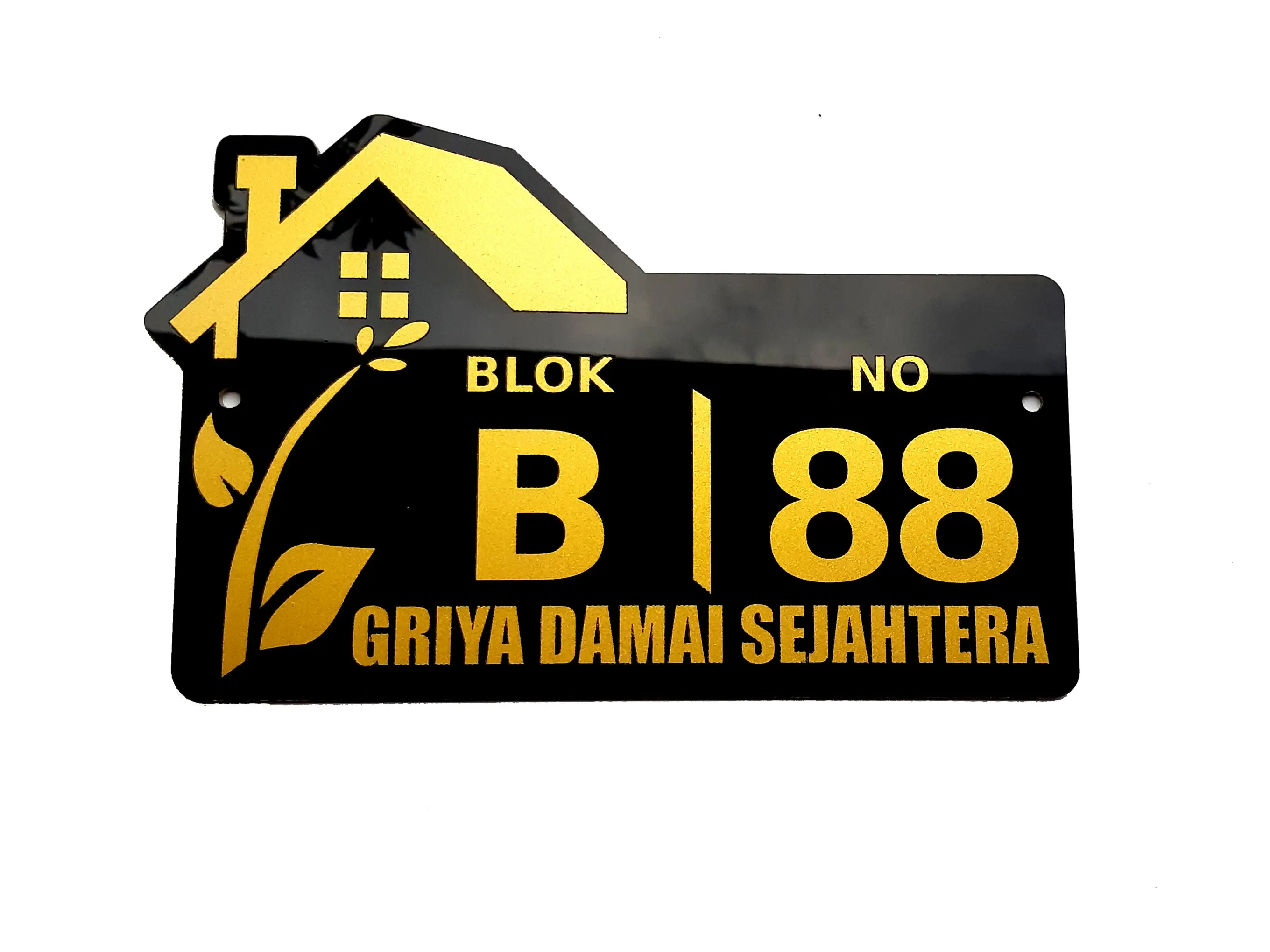 NOMOR RUMAH / BAHAN ACRYLIC / LASER CUTTING 23 x 15 cm Gold Hitam