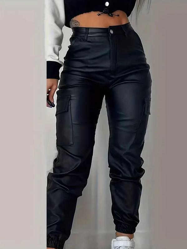 Women's Solid Pocket Button Cargo Pants, Casual Streetwear Multi-Pocket Trousers for Daily Wear, Ladies Bottoms for All Seasons 0
