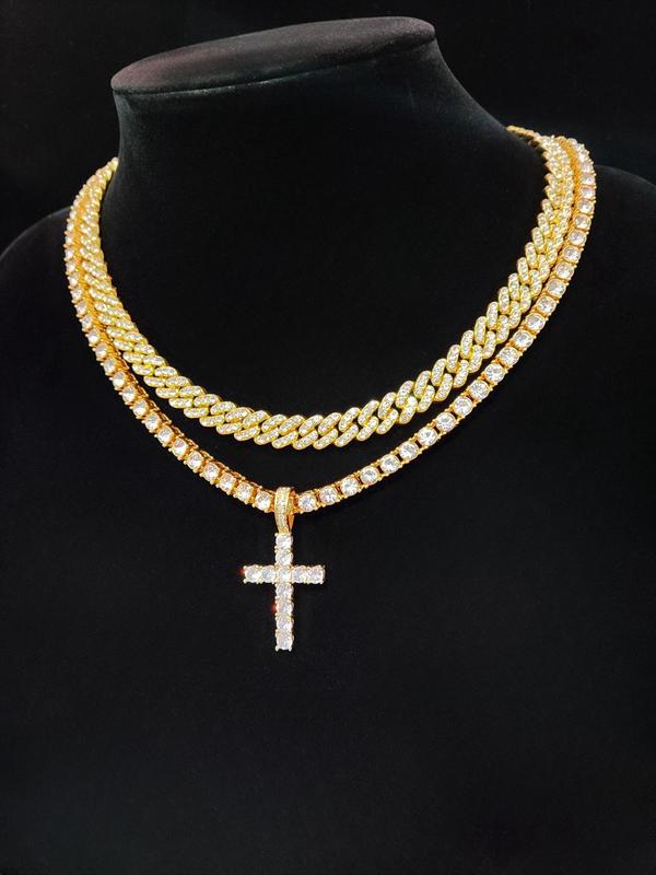 Luxury Artificial Zircon Cross Pendant Necklace & Rhinestone Cuban Chunky Chain Necklace, Sparkly Hip Hop Iced Out Bling Bling Punk Necklaces for Party Decor 4