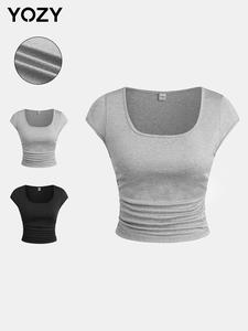 YOZY Pleated Waist Tee, Casual Plain Ruched Square Neck Cap Sleeve T-Shirt, 2024 Women's Daily Wear for Spring & Summer