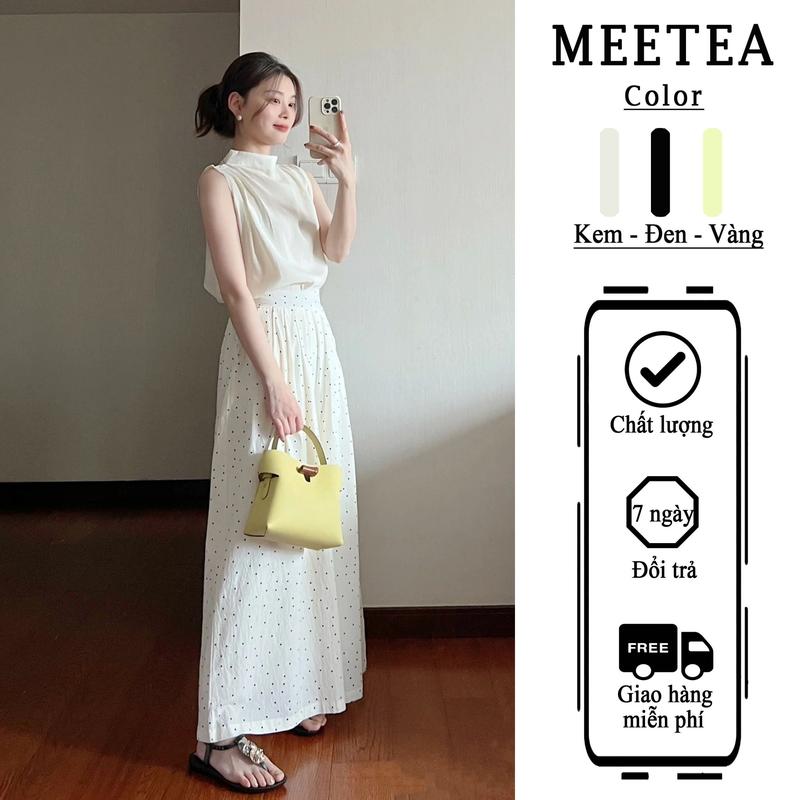 Chân váy dài dáng xòe chấm bi ( hoa nhí ) cạp chun sau [MEETEA] Voi Nữ Women Kem Voan Sen Bo Chun