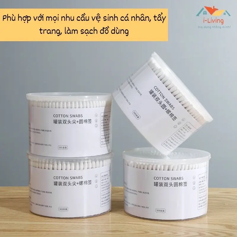 Hộp 500 Tăm Bông Thân Gỗ Tre Ngoáy Tai Người Lớn 2 Đầu Vệ Sinh Tai Đa Năng An Toàn Tiện Lợi - Hộp Tròn 8