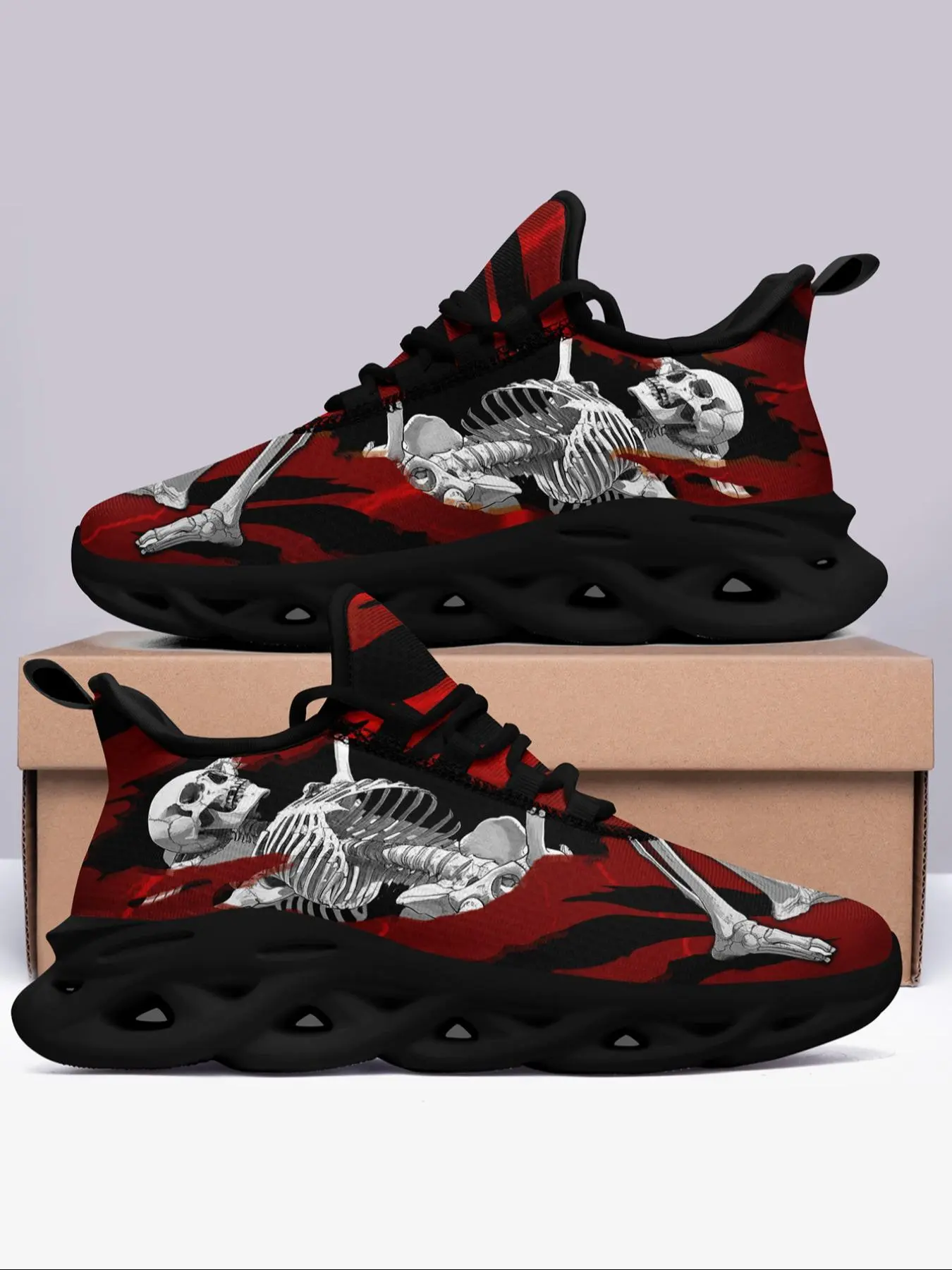 Men's Fashionable Skull  Print Lace Up Sneakers, Casual Comfortable Breathable Sports Running Shoes, Male All-match Round Toe Shoes for Daily Wear, Trainer
