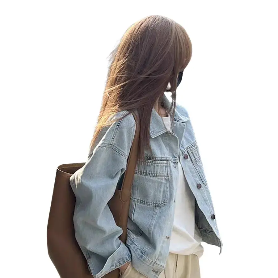 Internet Celebrity Ins-Áo Khoác Denim Cotton Giặt Phong Cách Châu Âu Cho Nữ, Áo Sơ Mi Dài Tay Ngắn Dáng Rộng Phong Cách Hàn Quốc Mỏng, Mùa Xuân Và Mùa Thu Top Jacket Women