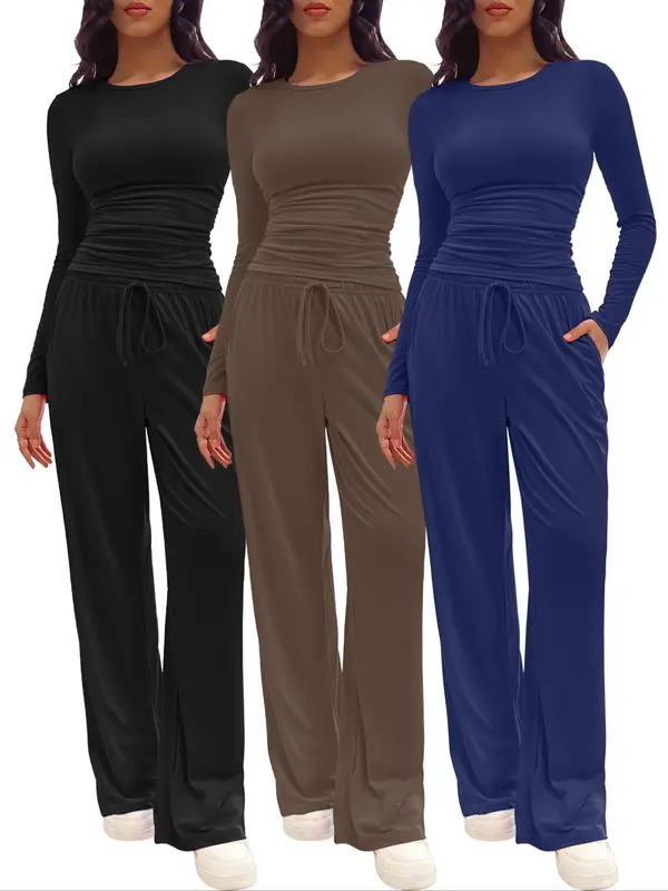 Two-piece Set Women's Solid Ruched Tee & Drawstring Pocket Pants Lounge Set, Casual Long Sleeve T-shirt & Elastic Waist Trousers, Pyjamas for Women, Ladies Sleepwear for All Seasons,  Lounge Tracksuit Women 2