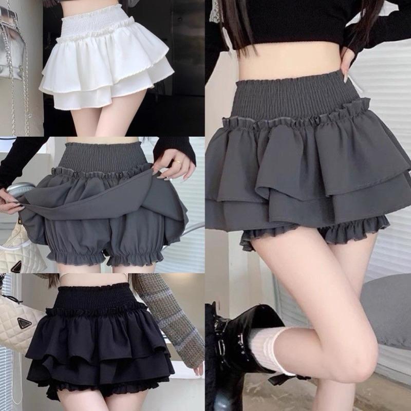 Chân váy coquette xoè 2 tầng ngắn phồng đen trắng bèo chất đũi lưng chun có quần bảo hộ CV039