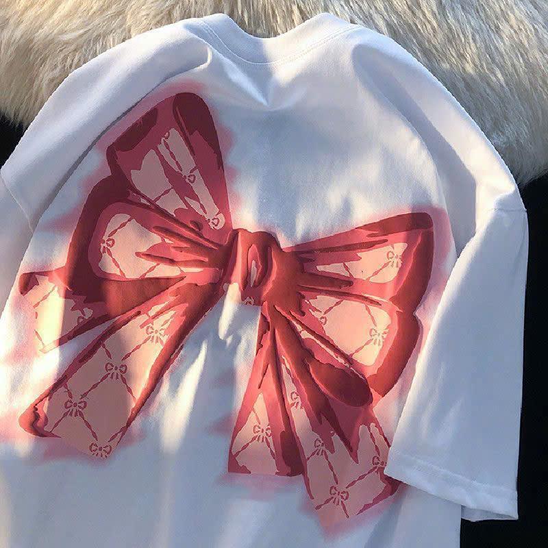 [SIZE M] Áo thun cái nơ BOW chữ in nổi tay lỡ nam nữ phông form rộng teen cổ tròn freesize cotton giá rẻ basic dễ thương đơn giản menswear 1