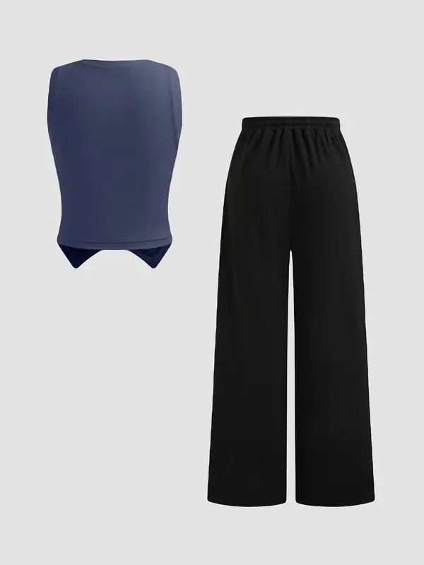 Women's Solid Color V Neck Button Front Tank Top & Tie Front Straight Leg Pants Two-piece Set, Casual Fashion Cozy Two Piece Outfits for Daily Outdoor Wear, Ladies Clothes for All Seasons 1