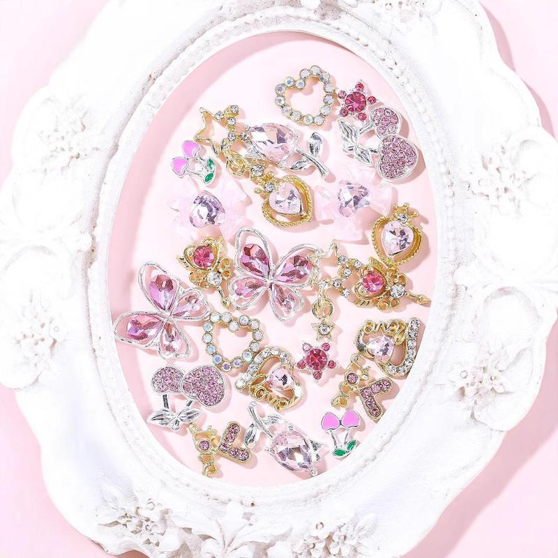 Cute Butterfly & Heart & Cherry & Bowknot Design Nail Art Charms, 24pcs/set Rhinestone Decor Nail Art Decoration, DIY Nail Art Decoration for Women & Girls 4