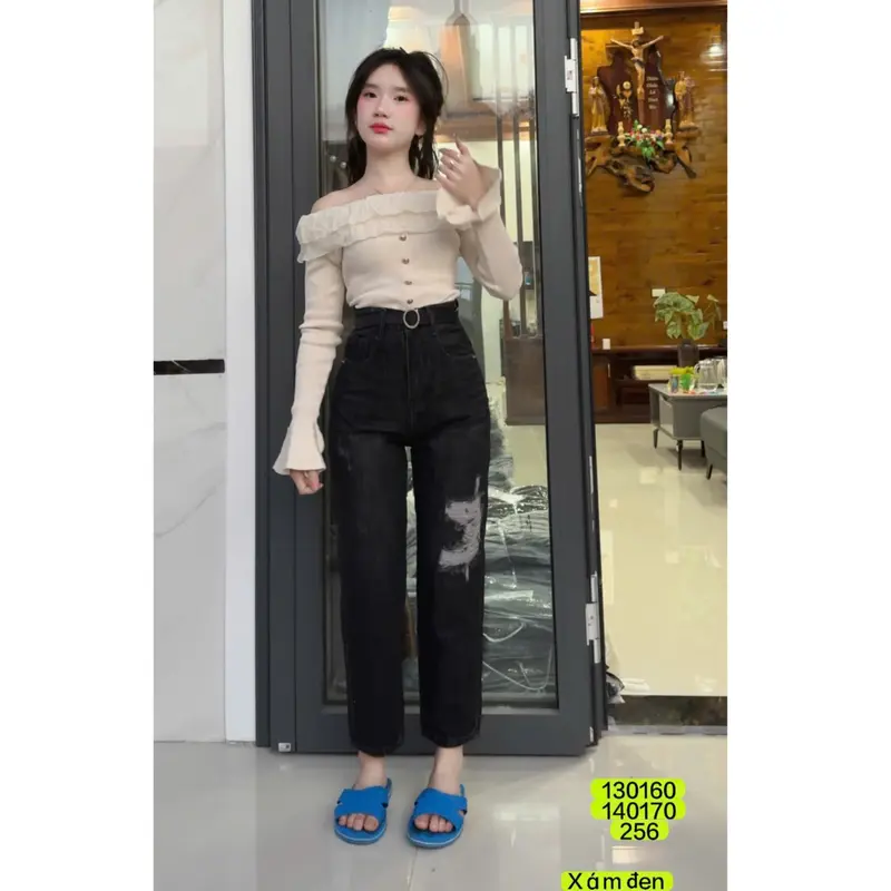 Quần Baggy Jean (Thêu chữ M) Lưng cạp cao, Ống suông vải Jean loại 1 8