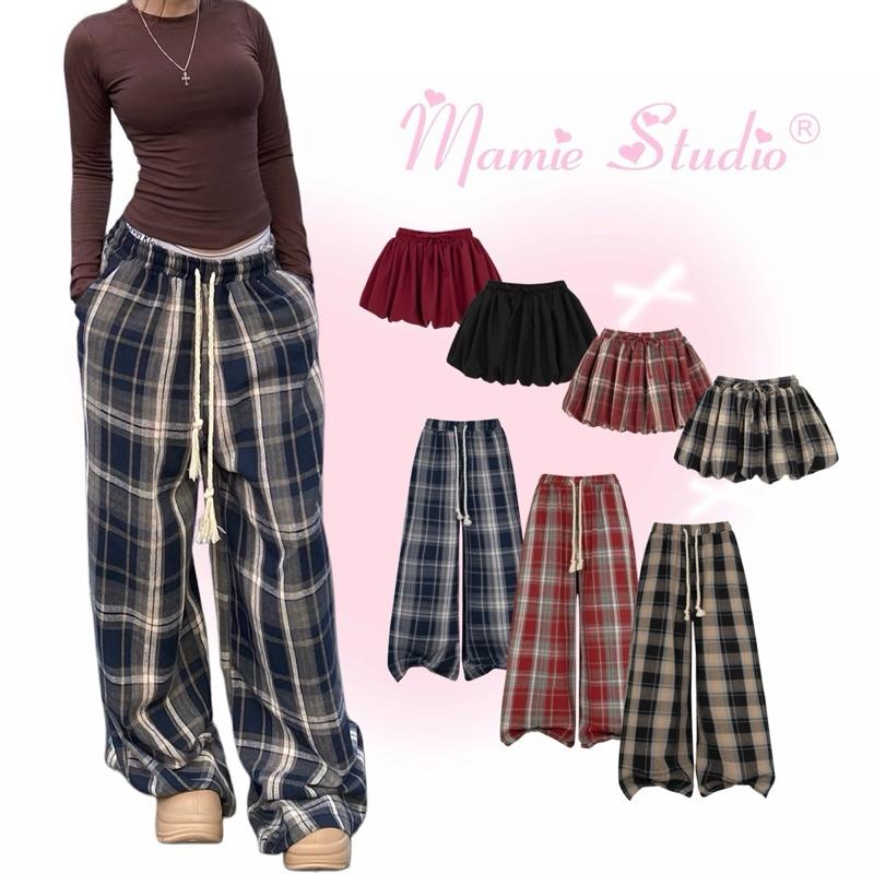 Quần Caro và chân váy bí Mamie chất nỉ dạ Plaid Pant form suông ống rộng thời trang nam nữ đồ đôi couple xinh xắn.