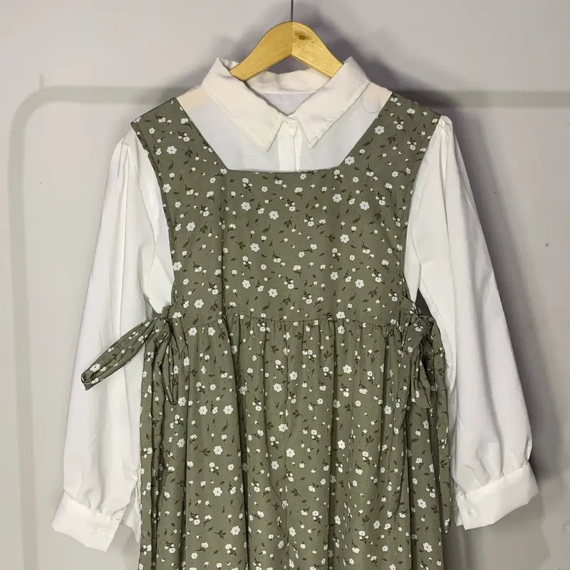 SETALAN OVERAL DRESS MOTIF FLORAL/SET 2IN1 OVERAL DRES/HIMARI MIDI DRES SATU SET/SETELAN DRES DAN KEMEJA LENGAN BALON Panjang Cantik Wanita Casual Nyaman 8