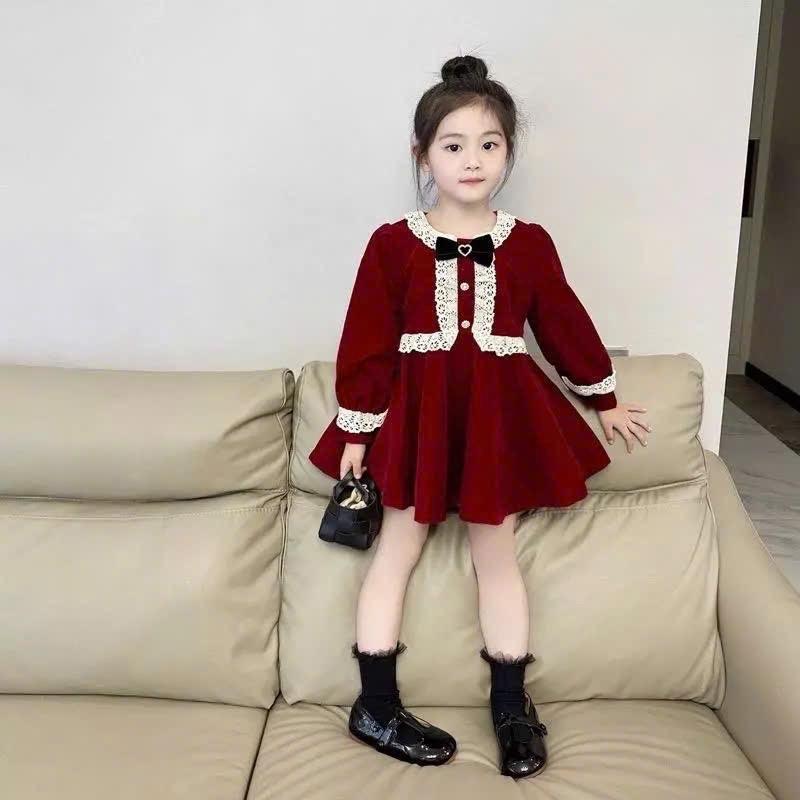￼Bộ thu đông bé gái,váy nhung 2 tầng cổ nơ phong cách tiểu thư cho bé diện noel, tết 2025 cho bé 10 - 20kg Moon Jonhny 0