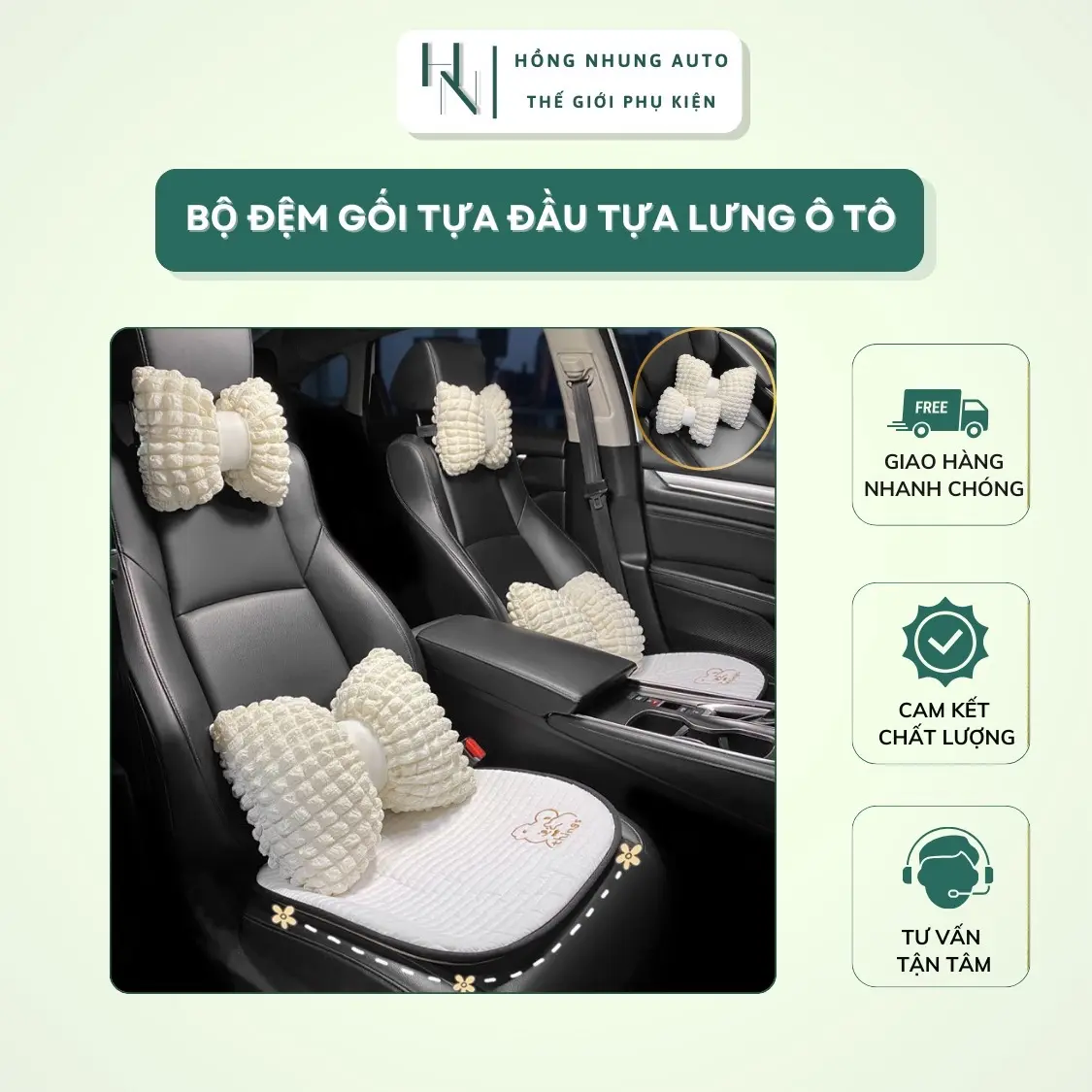 Bộ đệm gối tựa đầu, tựa lưng ô tô hình nơ vải xốp cao cấp xinh xắn mềm mại thoải mái khi lái xe, decor trang trí nội thất ô tô