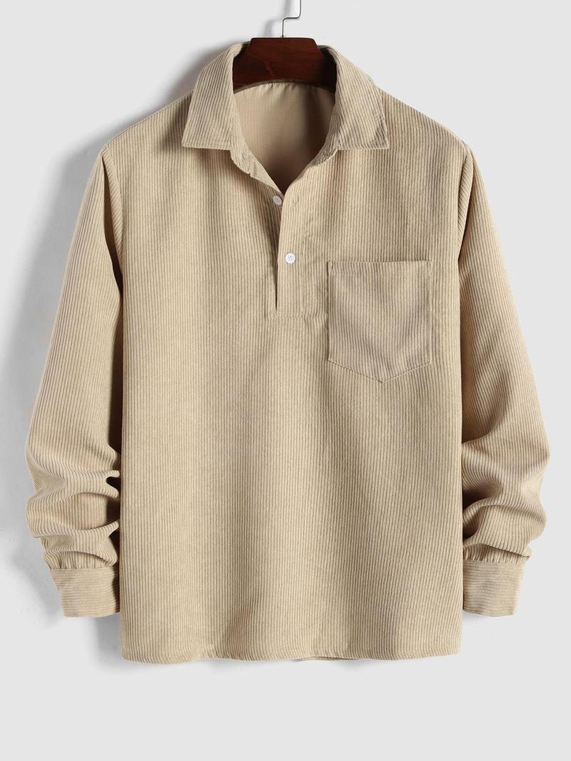 Product Introduction of Men's Solid Half Button Corduroy Shirt, Regular Fit Casual Long Sleeve Collared Top for Fall & Winter, Men's Clothes for Daily Wear, Clothing 12