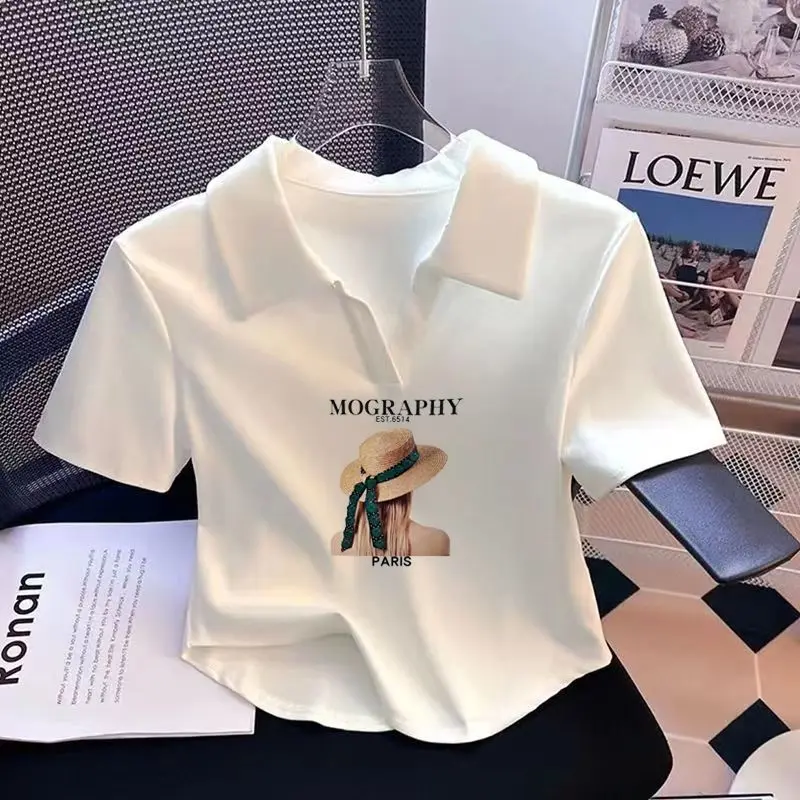 Áo Thun Cotton ngắn Tay Cổ Polo Hàng Mới Về Áo Ngắn Bất Đối Xứng Bó Sát Dáng Ôm Nóng Bỏng Mùa Hè Cho Nữ Áo Mặc Bên Ngoài, Top, Women