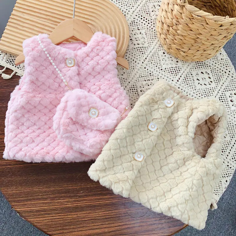 Áo gile lông cho bé, 2 màu hồng/nâu kèm túi cúc ngọc, bên trong trần trám size 8-15kg 1
