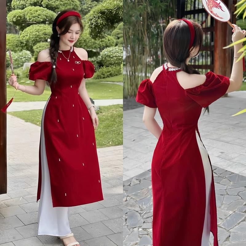 Set áo dài cách tân thiết kế cổ yếm đính cườm mặc 2 kiễu kèm quần dài ống rộng xinh xắn dành cho các nàng. Nữ Women Nhung