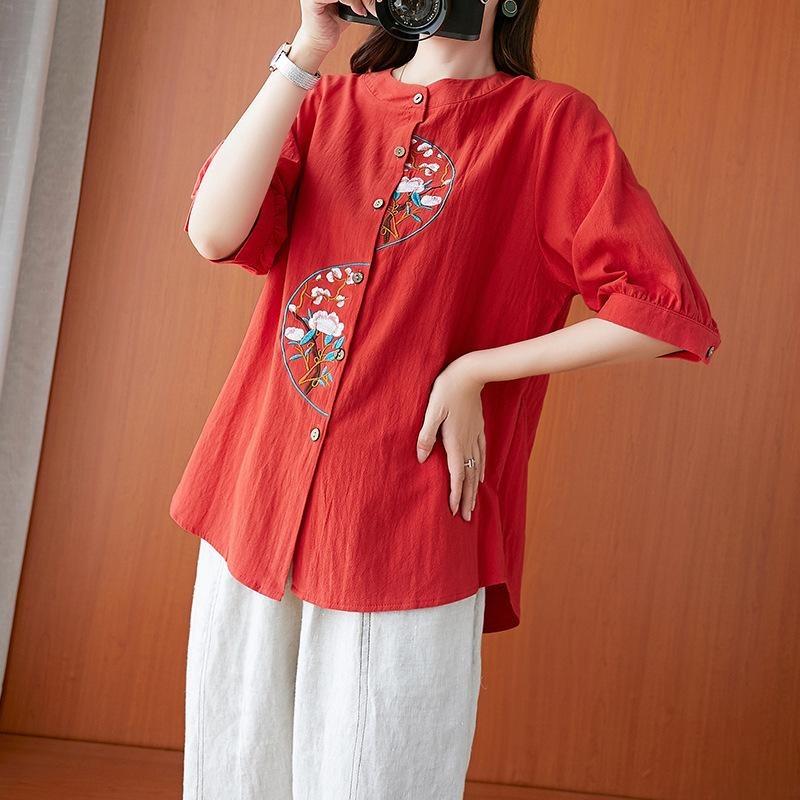 Áo Trung Niên Nữ Cổ Tròn Thêu Họa Tiết Chất Đũi Xước Nhật Phong Cách Hàn Quốc Top Women 4
