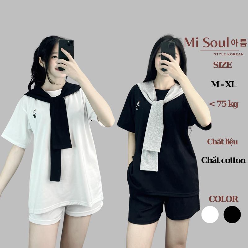 Set Áo Phông Thêu Hình Chó Quần Short Kèm Khăn BigSize, Set 3 Món Misoul 295 Nhung Kem Women Nữ Top