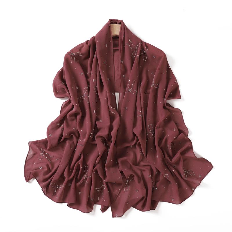 Product Introduction of High-End Heavy Craft Bowknot Rhinestone Solid Color Chiffon Long Scarf Full Rhinestone Shawl Headscarf Cape Scarf Silk Scarf for Women 12