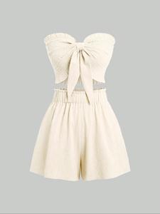 Conjunto de dos piezas Top de tubo corto de color sólido para mujer y conjunto de pantalones cortos con cintura elástica, trajes acogedores de moda casual para uso diario al aire libre, ropa de mujer para el verano