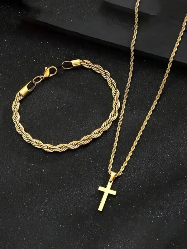 Cross Pendant Necklace & Twist Design Bracelet, Fashion Jewelry Set for Party, Daily Clothing Decor, Trendy All-match & Exquisite Jewelry for Birthday Gift 8
