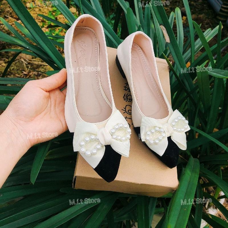 Giày búp bê nữ phối màu da mềm Nơ Be Ngọc gót 2p ( Phom 1.5 chân gày giảm 1 size )